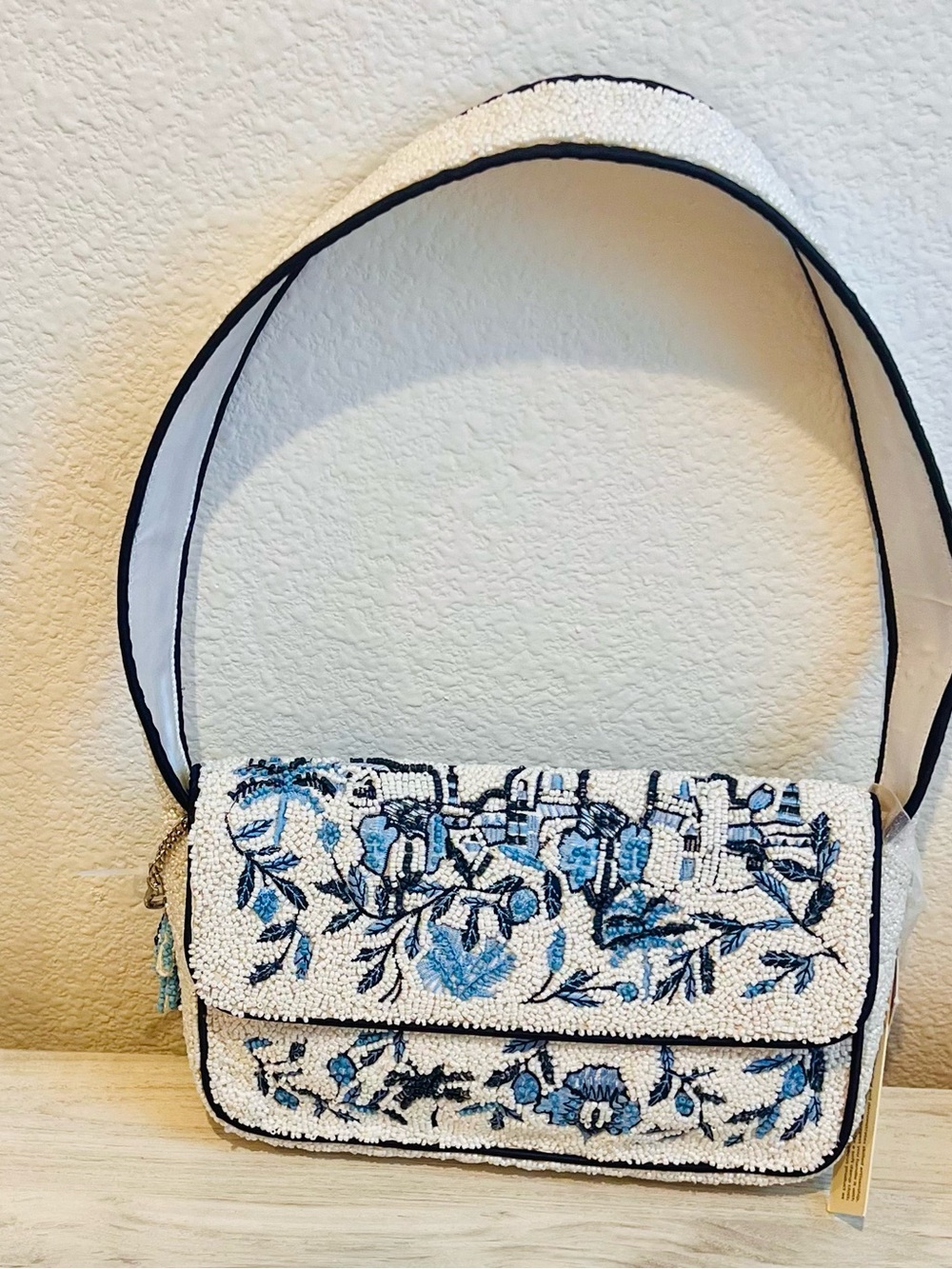 Beaded Floral Palm Tree Bag White and Blue Viral TikTok New - Picture 6 of 10